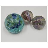 Unmarked Paperweight & 2 Large Vintage Marbles