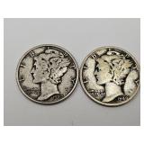 2 Mercury Silver Dime Coins 1942 & 1940