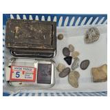 Vintage Razors, Wood Box 3.5" L & Fossil +