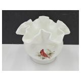 Signed Fenton Cardnial Milk Glass Vase 5" W