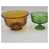 Amber Glass Bowl 9.5" W & Green Compote