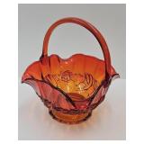 Fenton Glass Basket 8 1/4 w Amberina Cabbage Rose