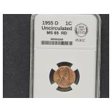 1955 D 1 Cent Coin MS66 RD