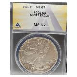 Graded MS 67 Silver Eagel 1991 One Dollar Coin