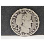1893  Silver Barber Half Dollar Coin