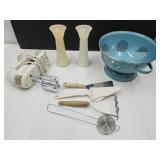 Tupperware Sifters, Enamel Strainer, Pyrex Server+