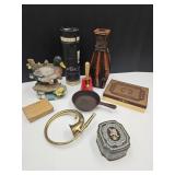 Brass Horn, Duck Statue & Small Cast Iron Skillet+