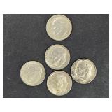 5 Silver Roosevelt Dime Coins