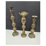 Set Of 3 Brass Candle Holders Up To 18.5" H