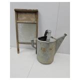 Antique Washboard w Glass & Galvanized Water Can