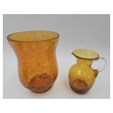 Crackle Glass Vase 8" & Creamer Pitcher 6" h