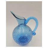 Ice Blue Crackle Glass Ewer Pitcher 8" high