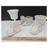 Vintage Lot Of Planters, Baby Booties +