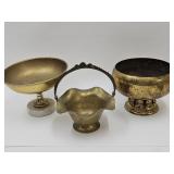 Brass Basket & Compote Bowls, One w Marble