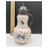 VTG Pink Handpainted Milk Glass Syrup Dispenser 8"