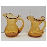 2 VTG Hand Blow Amber Crackle Glass Creamers 4.5"H