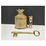 Heavy Brass Money Bag 6"h, Brass Key & Hour Glass