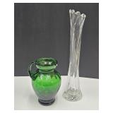 MCM Clear Swung Vase 12" & Green Pitcher