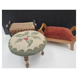 3 Nice Vintage Foot Stools; Oak, Needle Point
