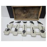 Primitive Wood Box & Metal Hat & Coat Hooks 30"