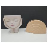 Face Planter Resin 6.5"H & Pottery Planter 7"W
