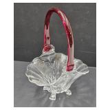 Footed Art Glass Basket with Ruby Handle 6 1/4" w