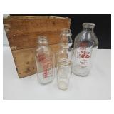 Wooden Box W Cream Top & Other Milk Bottles