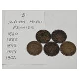 5 Indian Head Pennies, See Dates