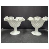 Pair of Fenton Hobnail Milk Glass Candle Hldrs 6."