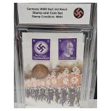 German WWII Stamps & Bronze Coin Set w COA