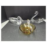 3 Art Glass Swan/Duck Bowls up to 9"L