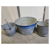 Galvanized Wash Tub 22" w & 2 Pails For Planters