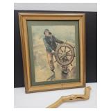 57" Walking Stick & Old Man At Sea  19 x 24"h
