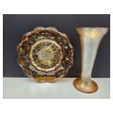 Carnival Glass Vase & Plate- 7 1/2"H