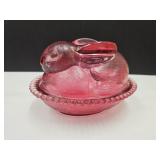 Vintage Indiana  Pink Glass  Bunny on a Nest 7"