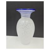 White Art Glass Vase W Blue Applied Swirl