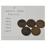 5 Indian Head Pennies, See Dates