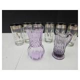 Monogram M Glasses & Purple Glass Creamer & Vase