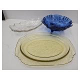 Indiana Glass Footed Cobalt Dish, Yellow Tray +