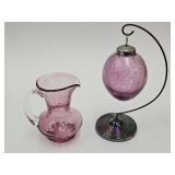 Cranberry Crackle Glass Creamer & Egg w Stand