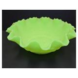 Fenton Uranium Glass Ruffled Satin Bowl 8" w