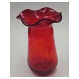 Red Crackle Glass Vase 7 1/2" high