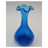 Vintage Blue Crackle Glass Vase  7.5" high