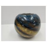 Art Glass Amber & Blue Swirl Spherical Vase6"