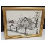 Farm Charcoal Barn Art Signed B Meek 14.5" W