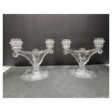 Heisey Glass Floral Etched Double Candlesticks