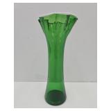 Artr Glass 11 " Green Ruffled Vase w White Edge