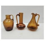 3 Amber Crackle Glass Creamers 4 1/2" h