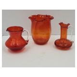 3 Tangerine Crackle Glass Creamers & 4 3/4" h Vase