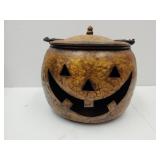 Metal Halloween Fall Pumpkin Bucket w Lid 11" h
